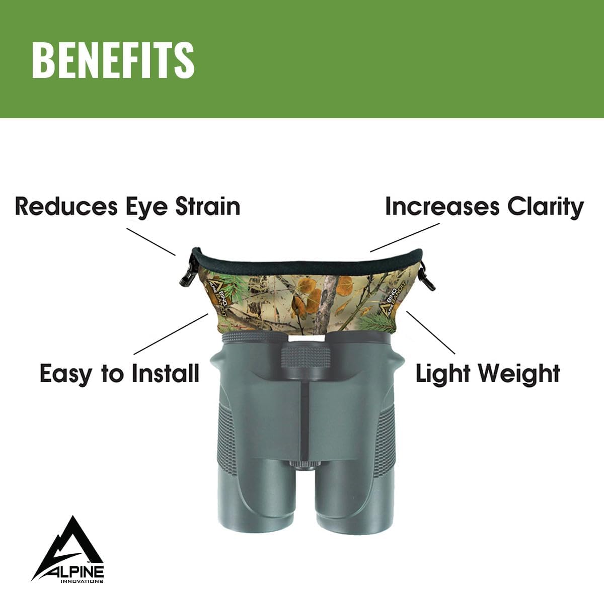 Bino Bandit - Water-Resistant Binocular Eyeshields to Block Glare and Reduce Eye-Strain- Alpine Mountain Camo