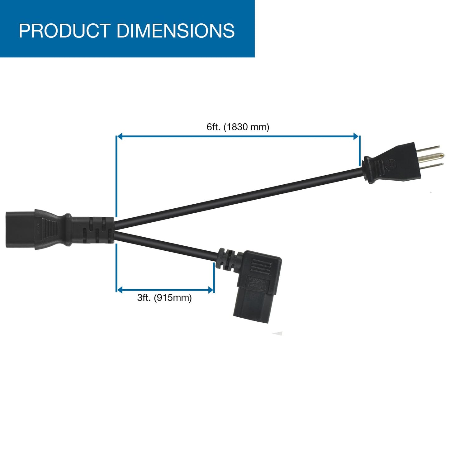 Conntek 6FT+3FT Power Cord Splitter, NEMA 5-15P to Dual IEC C13 (Left-Angle), 10A 125V, AC Power Extension Cable for PDU, UPS, Server, Computer,