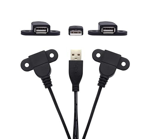 USB 2.0 Male to Dual Female Charging Extension Cable, Furniture nightstand Sofa Electric Vehicle on-Board Charging Port, Panel Mount Cable with Screw