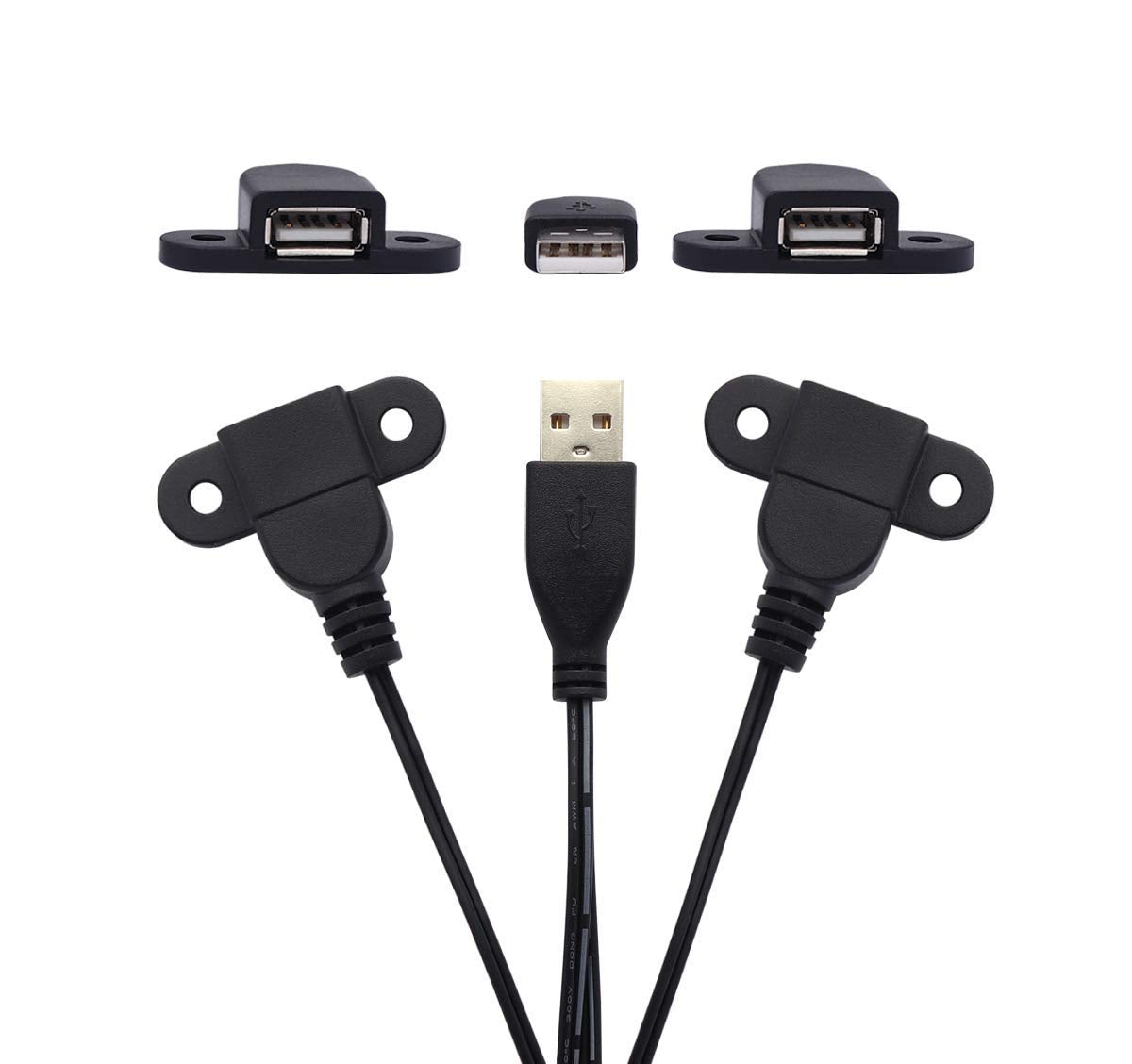 USB 2.0 Male to Dual Female Charging Extension Cable, Furniture nightstand Sofa Electric Vehicle on-Board Charging Port, Panel Mount Cable with Screw