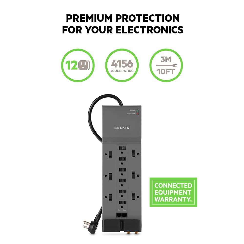 Belkin Power Strip Surge Protector with 12 AC Multiple Outlets, 10 ft Long Flat Plug Heavy Duty Extension Cord for Home, Office, Travel, Computer