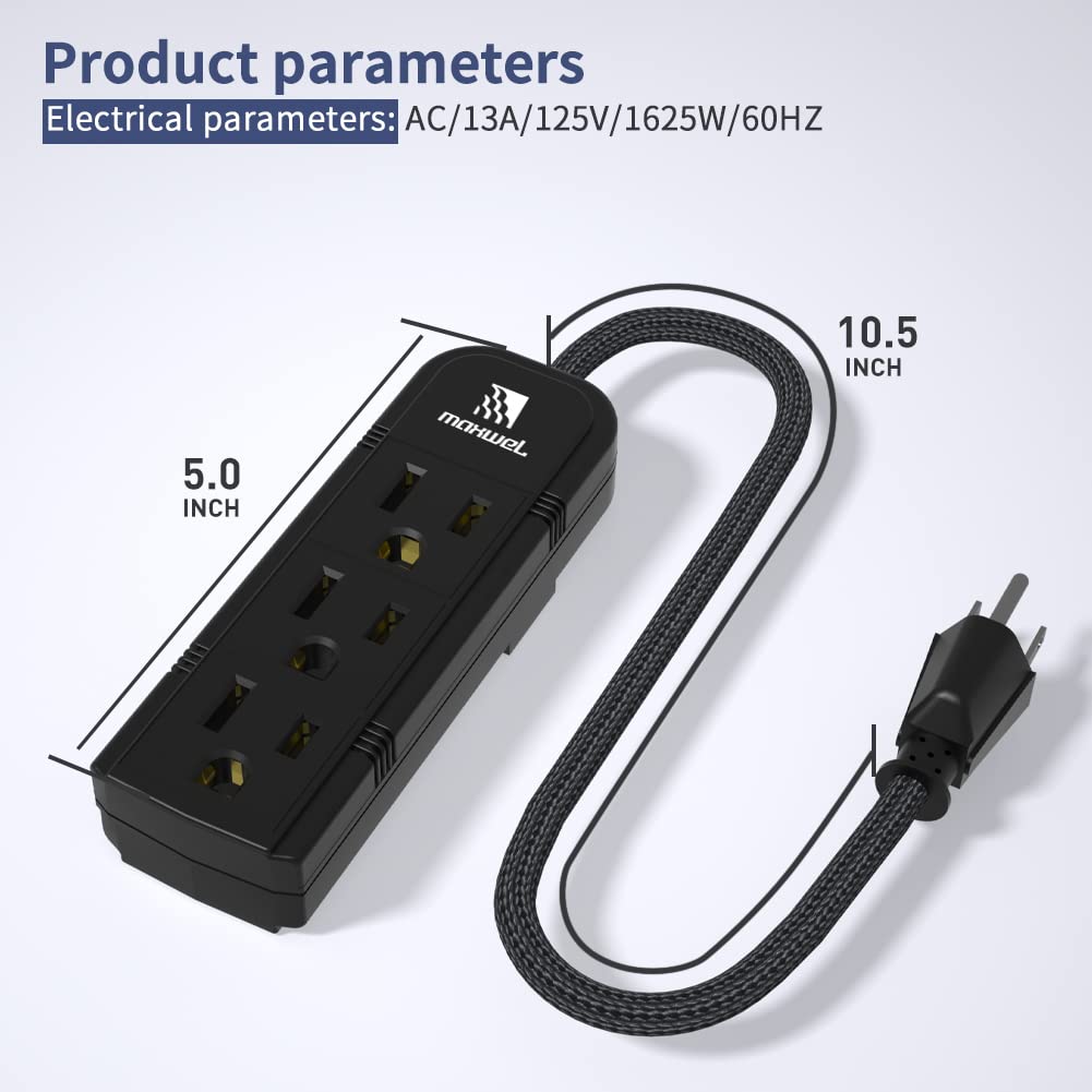 2Pack Small Power Strip Black Outlet - 1FT Heavy Duty Power Extension Cord, Mini Size Portable 3 Outlet Power Strip for Office,Computer,Home