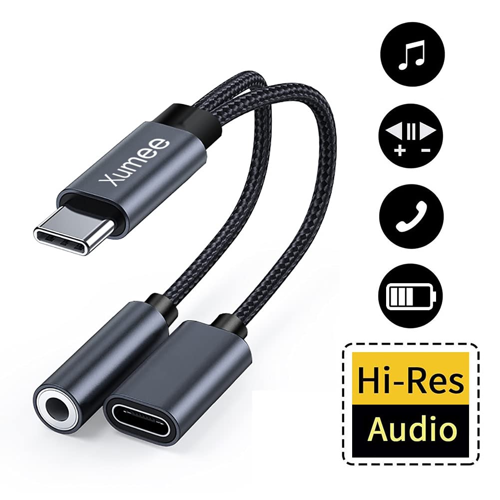 Xumee USB Type C to 3.5mm Headphone and Charger Adapter, 2-in-1 USB C to Aux Audio Jack Hi-Res DAC and Fast Charging Dongle Cable Compatible