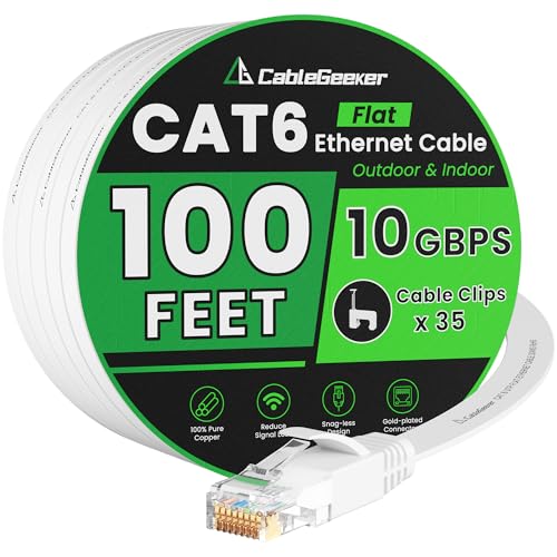 CableGeeker Cat 6 Flat Ethernet Cable 100ft, 10Gbps, White