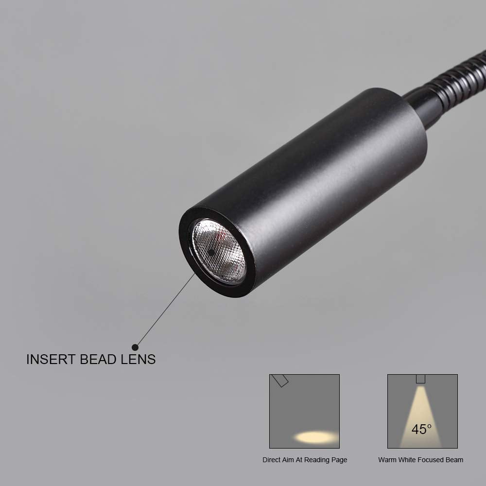 Agese Wall Mounted Reading Light Touch Switch Dimmable LED 3W Warm White 3000K AC Adaptor (Black)