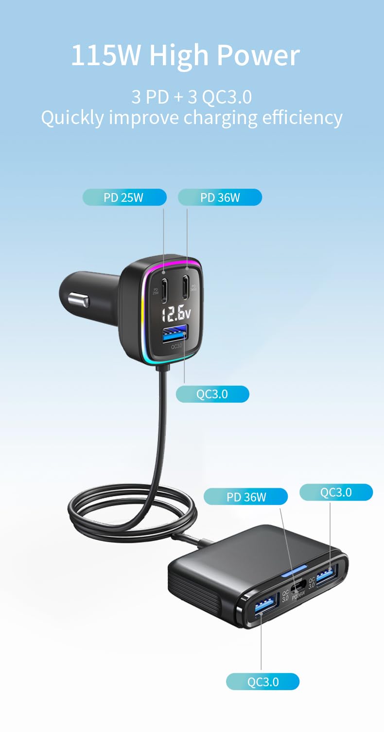 5FT Cable 115W 6-Port Multiport Car Charger, Cigarette Lighter USB Splitter PD 36W, QC3.0 USB C A Fast Charging,Back Seat Charging, Car Travel