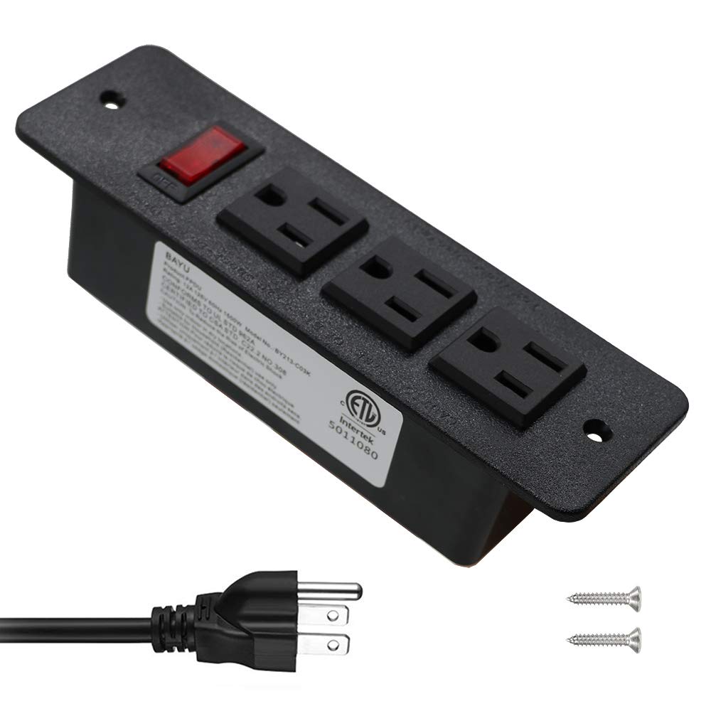 Recessed Power Strip Countertop Power Grommet Desk Mountable Power Strip Behind Drawer Outlets for Cabinet Sofa Shelf UL/ETL Certificated Black