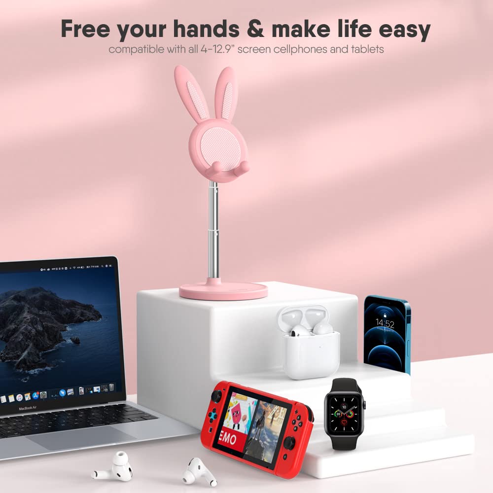 OATSBASF Cell Phone Stand, Adjustable Cute Bunny Phone Stand for Desk, Kawaii Phone Holder Stand, Compatible with All Mobile Phones, iPhone, Kindle