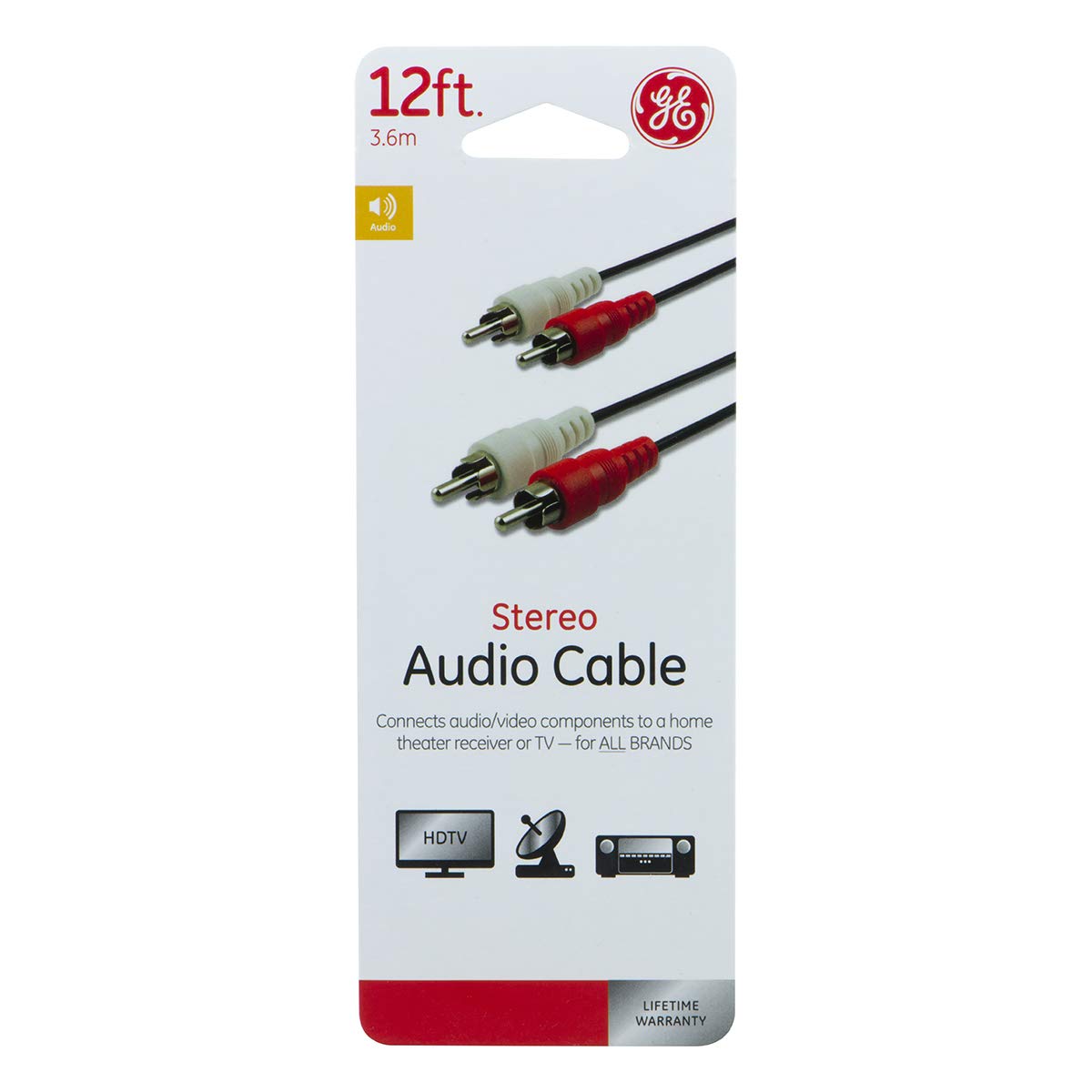 GE 12ft. RCA Audio Cable, 2-RCA Connectors on Each End, Color-Coded, Male-to-Male Connections, Connects Audio Components to Home Theater Receivers