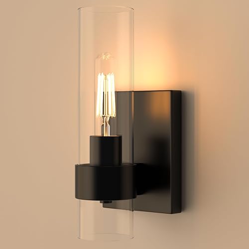 Zevluck 1-Light Wall Sconce, Matte Black Bathroom Vanity Light with Cylinder Clear Glass, Modern Hardwired Vanity Wall Lamps for Bathroom, Bedroom