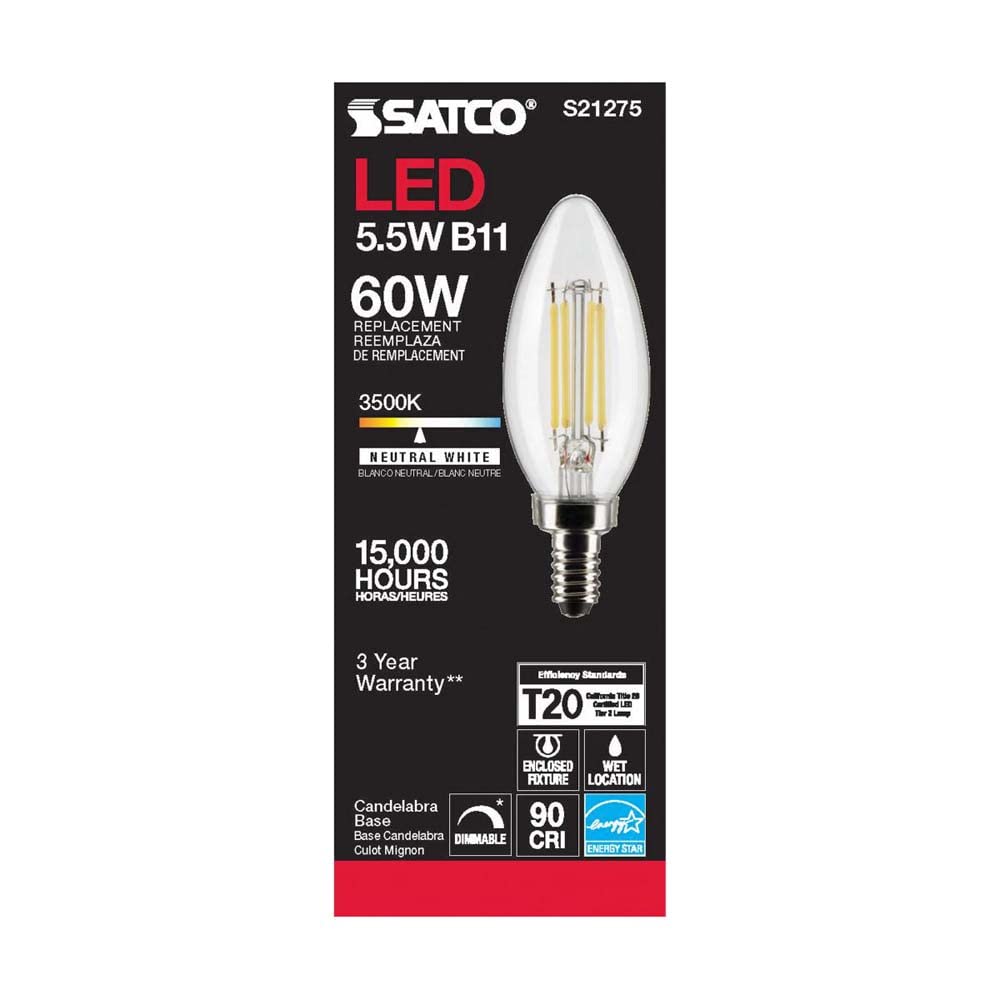 Satco S21275 5.5W LED Filament B11 Clear Light Bulbs, 3500K Neutral White, E12 Candelabra Base, 500 Lumen, 90 CRI, Dimmable, Wet Location, 6 Pack