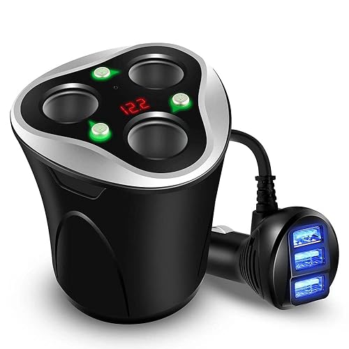 Skyocean 3 Socket Cigarette Lighter Splitter Power Adapter + 3 USB Car Charger 120W 12V/24V DC Outlet with Volt Meter, On/Off Switch for Cell Phone