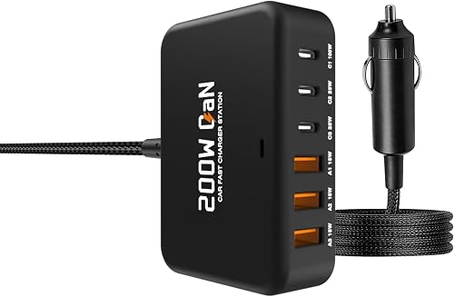 2026 New 200W Multi-Port USB-C/A Car Charger Station - QC3.0 & PD & PPS Fast Charging Adapter,Compatible with iPhone,iPad,MacBook,Android,Laptops,Dash