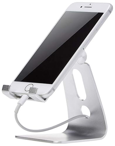 Amazon Basics Adjustable Aluminum Phone Stand for Cell Phones, iPhone and Android, Desktop Phone Holder with Adjustable Angle, Hands-Free Viewing