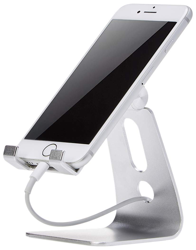 Amazon Basics Adjustable Aluminum Phone Stand for Cell Phones, iPhone and Android, Desktop Phone Holder with Adjustable Angle, Hands-Free Viewing