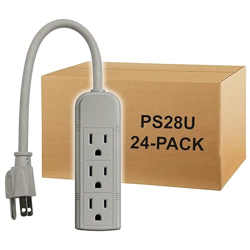 Uninex PS28U Compact Grounded 3-Outlet Power Strip, UL Listed, 1-Foot, 24-Pack
