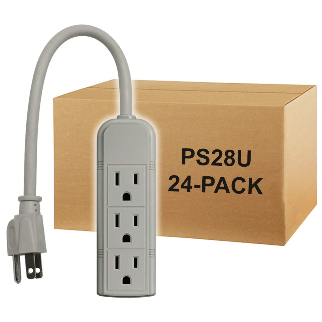 Uninex PS28U Compact Grounded 3-Outlet Power Strip, UL Listed, 1-Foot, 24-Pack
