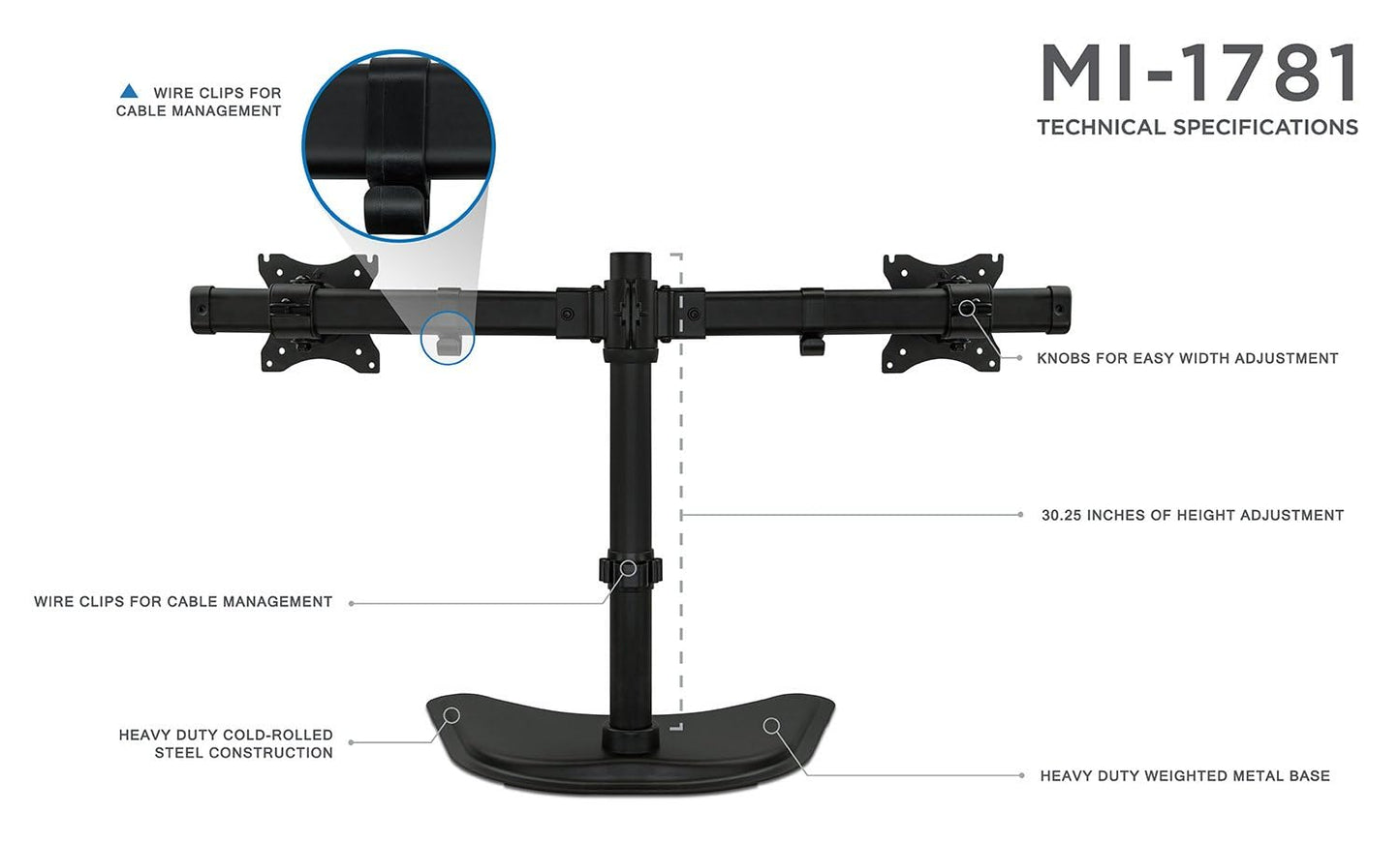 Mount-It! Free Standing Dual Monitor Stand | Double Monitor Desk Mount | Fits Two x 19 20 21 22 23 24 27 Inch Computer Screens | 2 Heavy Duty Height