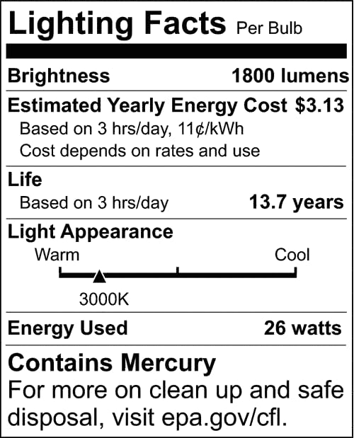 Satco Hygrade Triple Tube Compact Fluorescent Lamp, T4, 26 Watts, 3000K, 82 Cri, Gx24Q-3 Base10