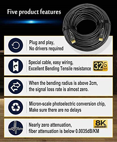 Jeirdus Fiber DP to DP Cable Male to Male 32Gbps High Speed 8k@60HZ 4K@140HZ, DP 1.4 Display Port for Big Game HDTV Projector, PC Host, Graphics