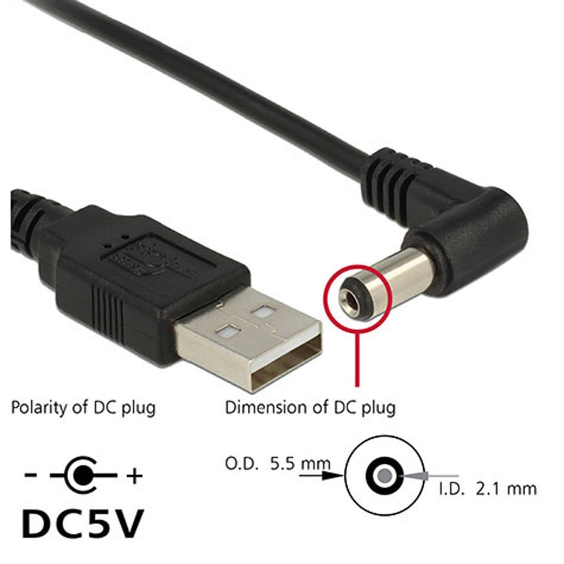chenyang USB 2.0 Type A Male to Right Angled 90 Degree 5.5 x 2.1mm DC 5V Power Plug Barrel Connector Charge Cable 100cm