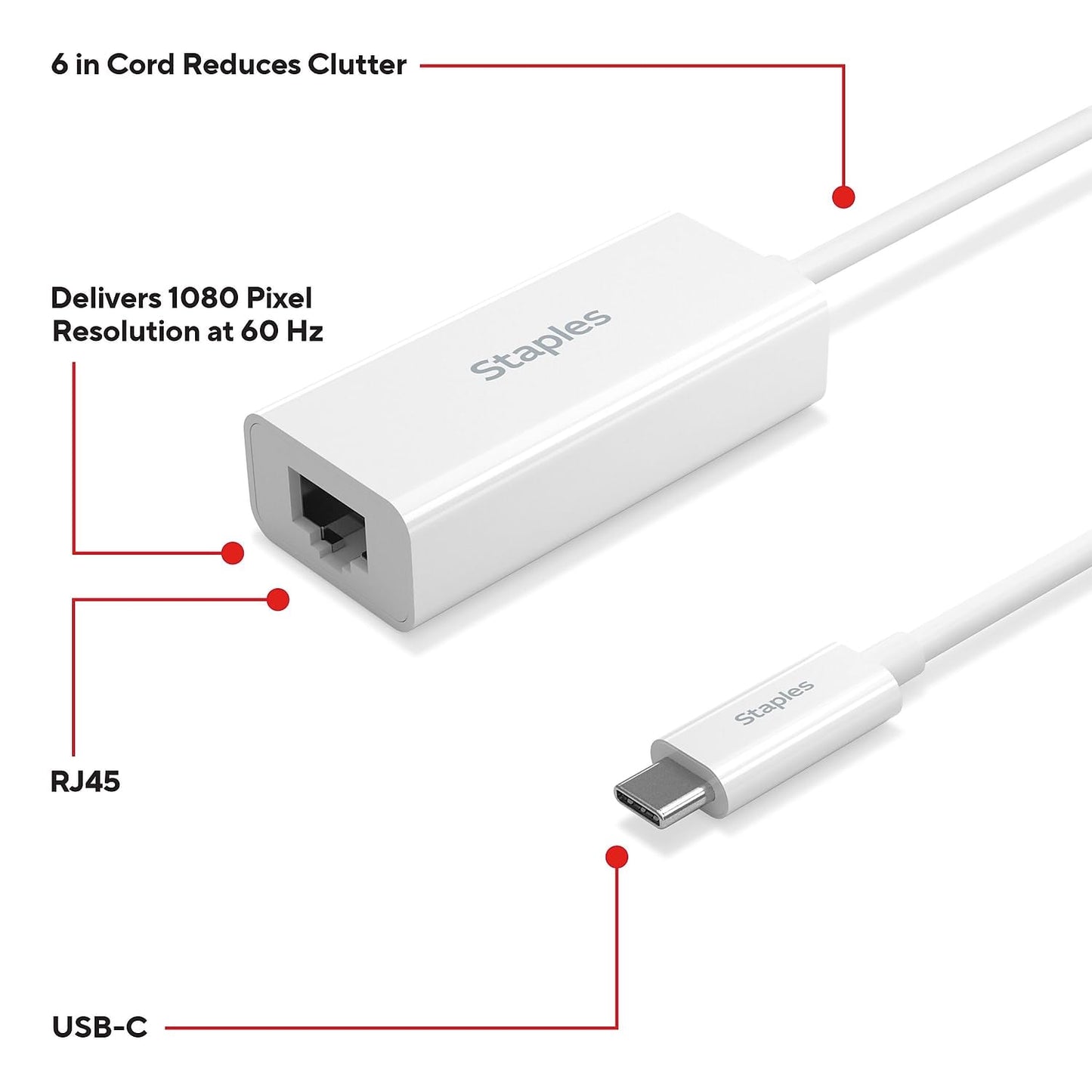 Staples TECH USB-C to Ethernet Adapter, White, USB-C Male to RJ45 Female, Wired Network Adapter for Laptop/MacBook