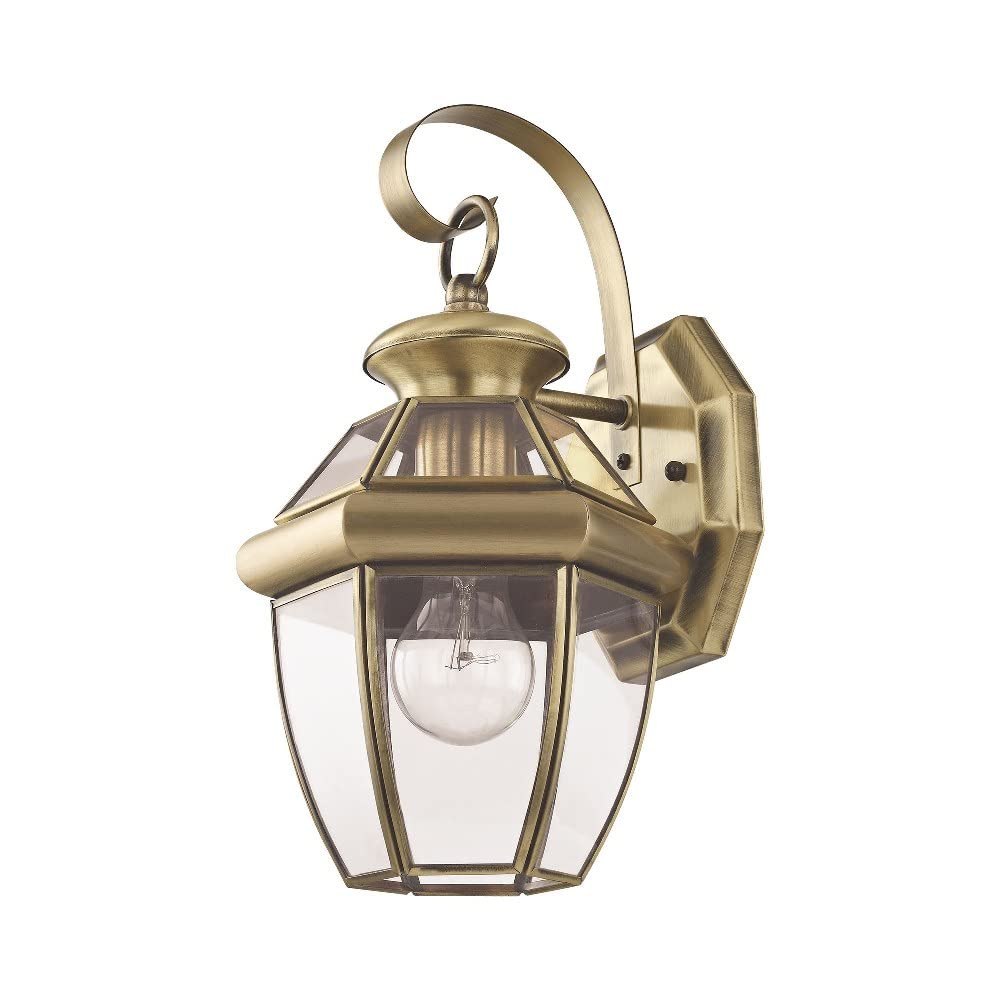 Livex Lighting 2051-01 Monterey 1 Light Outdoor Antique Brass Finish Solid Brass Wall Lantern with Clear Beveled Glass