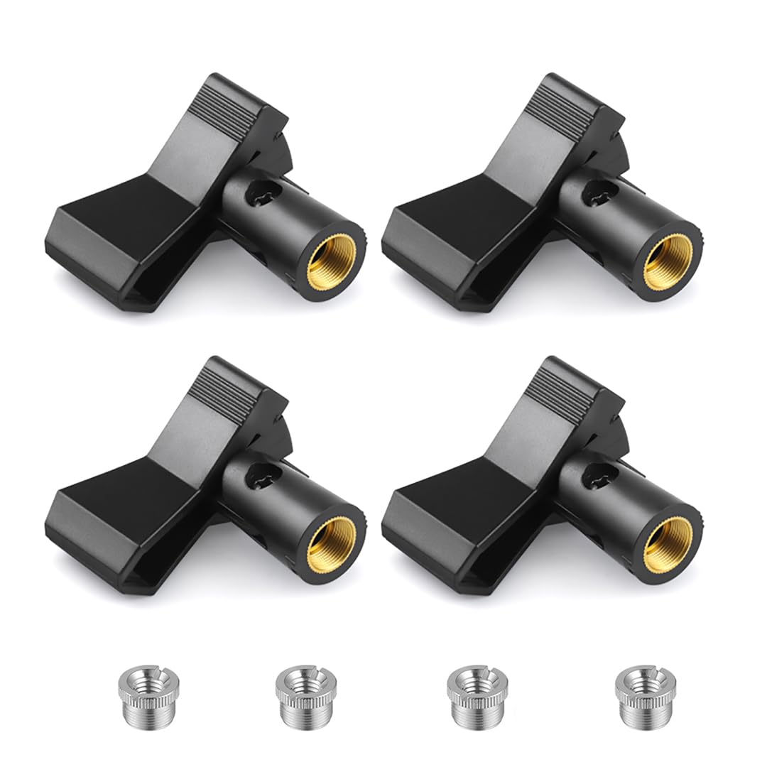 Rannsgeer Universal Microphone Clip Holder - Mic Stand Adapter 5/8” to 3/8" Thread for Studio Recording, Podcast, Karaoke (Black, 4 Pack)