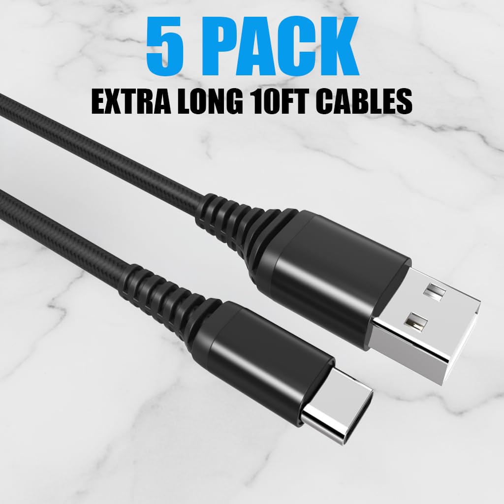 tekSonic 5-Pack USB-A to USB-C Cables - Extra-Long 10 ft (3 m), 3A Fast Charging, Braided - Compatible with iPhone 15/16/17, Galaxy S25/S24/S23