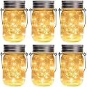 GIGALUMI Hanging Mason Jar Solar Lights, 6 Pack 30 Led Hanging Solar Lanterns Outdoor Waterproof, Hangers and Jars Included, Outdoor Decor