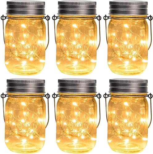 GIGALUMI Hanging Mason Jar Solar Lights, 6 Pack 30 Led Hanging Solar Lanterns Outdoor Waterproof, Hangers and Jars Included, Outdoor Decor