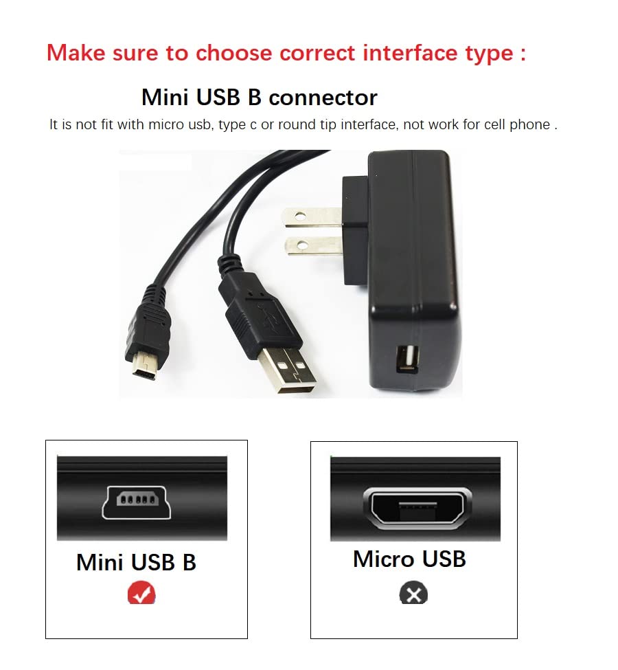 DC 5V Adapter, Mini USB Cable AC Adapter, Mini B DC Cord for Scan Radio, Record, T1 Calculator, Blue Dnowball Mic, MP3, Camera, Tablet, Hub, DVR, PS3…