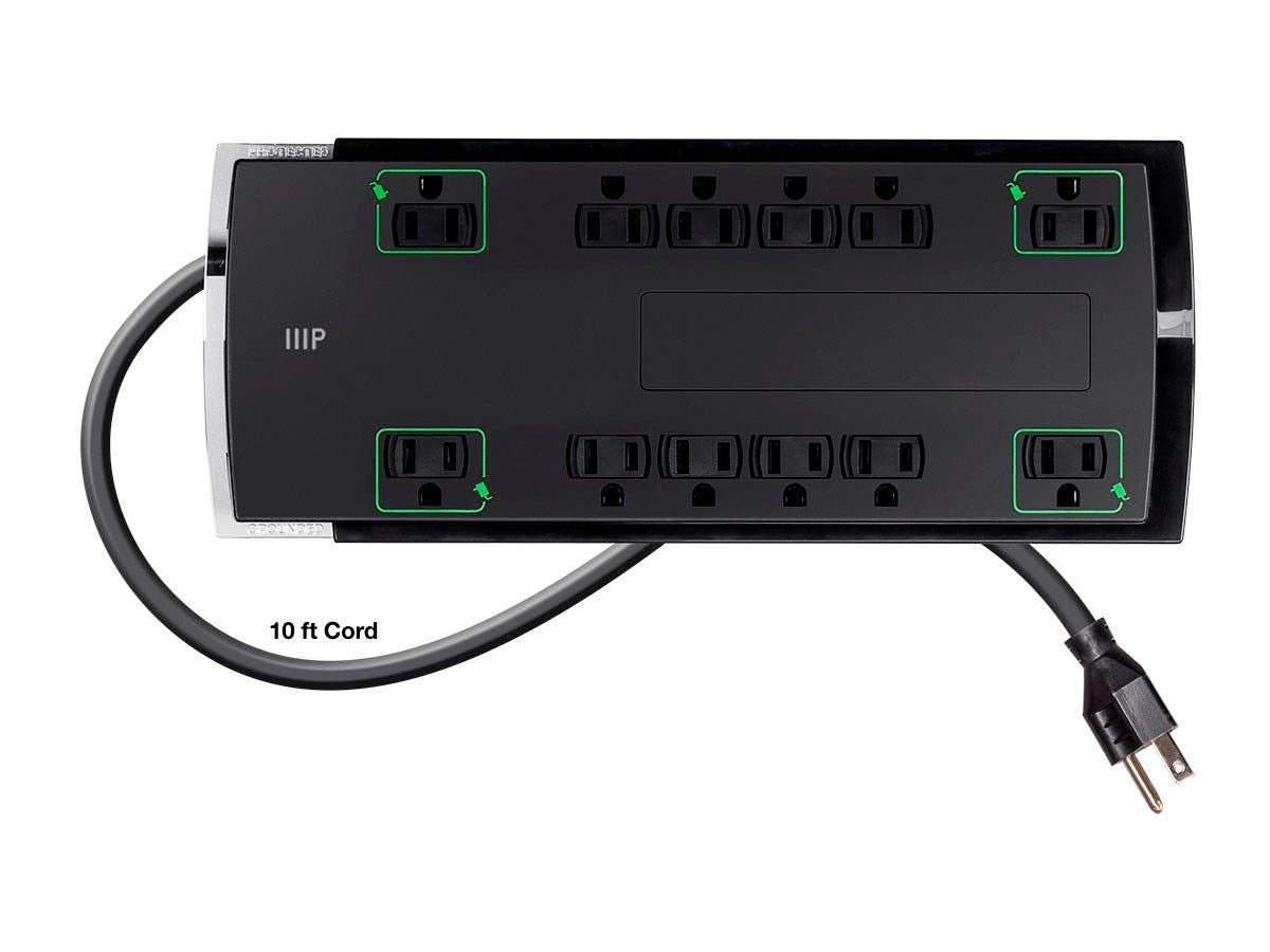 Monoprice 12 Outlet Slim Surge Protector - UL Rated, 4,230 Joules, Grounded And Protected Light Indicator, 10 Feet, Black