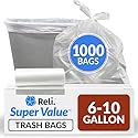 Reli. 6-10 Gallon Trash Bags | 1000 Bags | Clear | Bathroom | Strong | Garbage