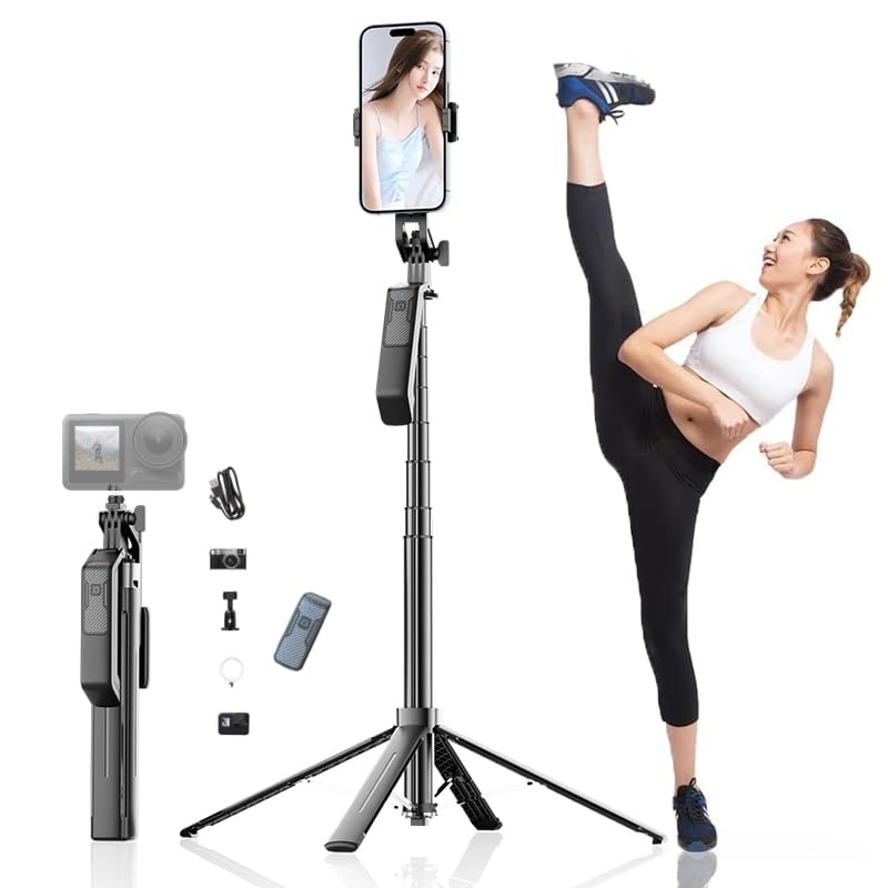70-inch 4-Legged Selfie Stick for Phones and Cameras, Portable Travel Stand Holder, Rechargeable Remote Control, 360° Rotation, Compatible with iPhone