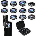 Phone Camera Lens Kit, 11 in 1 Cellphone Lens Kit for iPhone and Android, 0.63X Wide Angle+15X Macro+ 198°Fisheye+Telephoto+CPL/Flow/Radial/Star/Soft