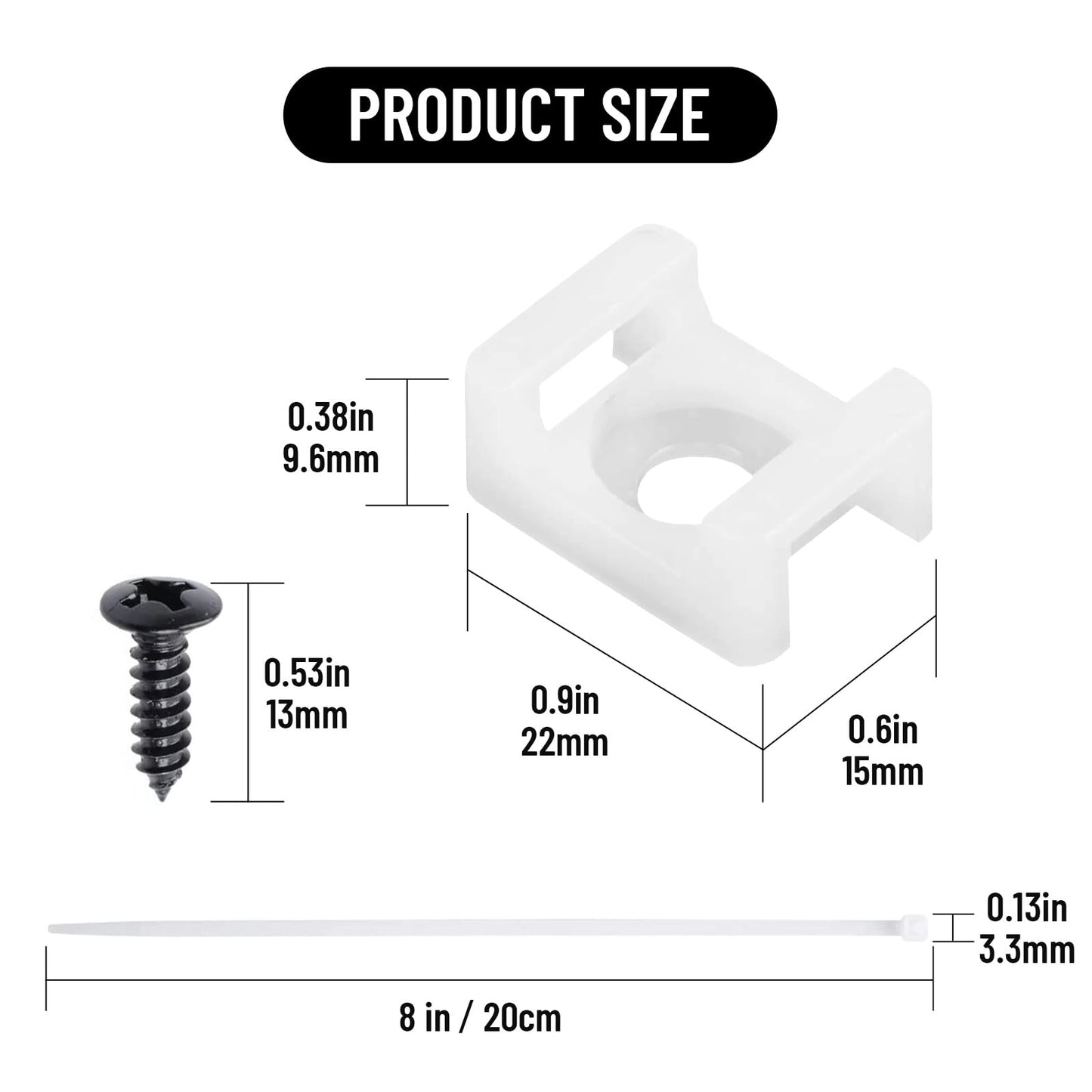 GGFOXLEW 100Pcs Cable Zip Tie Mounts Kit, 0.9in Plastic Zip Ties with Screw Hole, White Zip Tie Anchors, Sturdy Zip Tie Mounting Squares Base