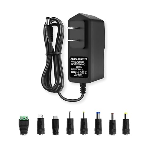 9V DC Power Supply 1A AC Adapter, DC 9V Power Cord, 100-240V 50/60Hz 9 Volts 1Amp Transformer, 5.5mm x 2.5mm Plug & 8 Tips