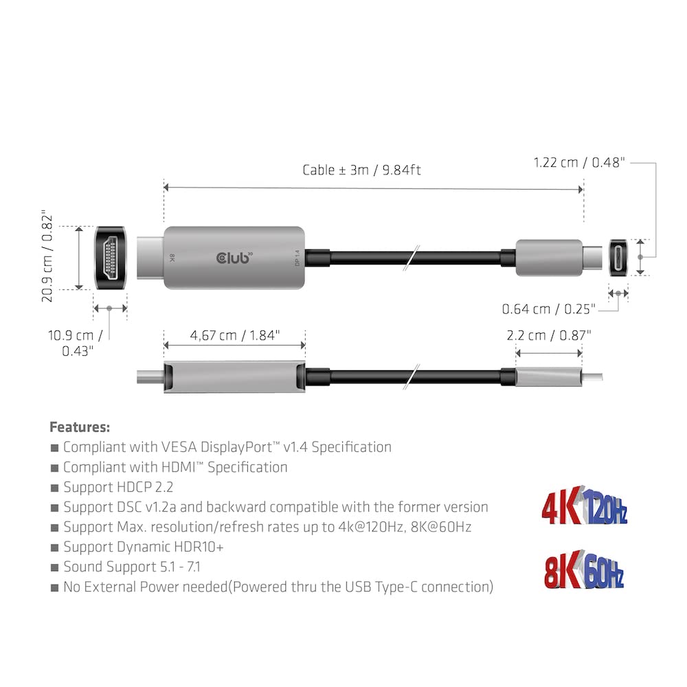 Club 3D CAC-1587 USB Gen2 Type-C to HDMI 4K120Hz 8K60Hz HDR10 with DSC1.2 Active Cable M/M 3m / 9.84ft