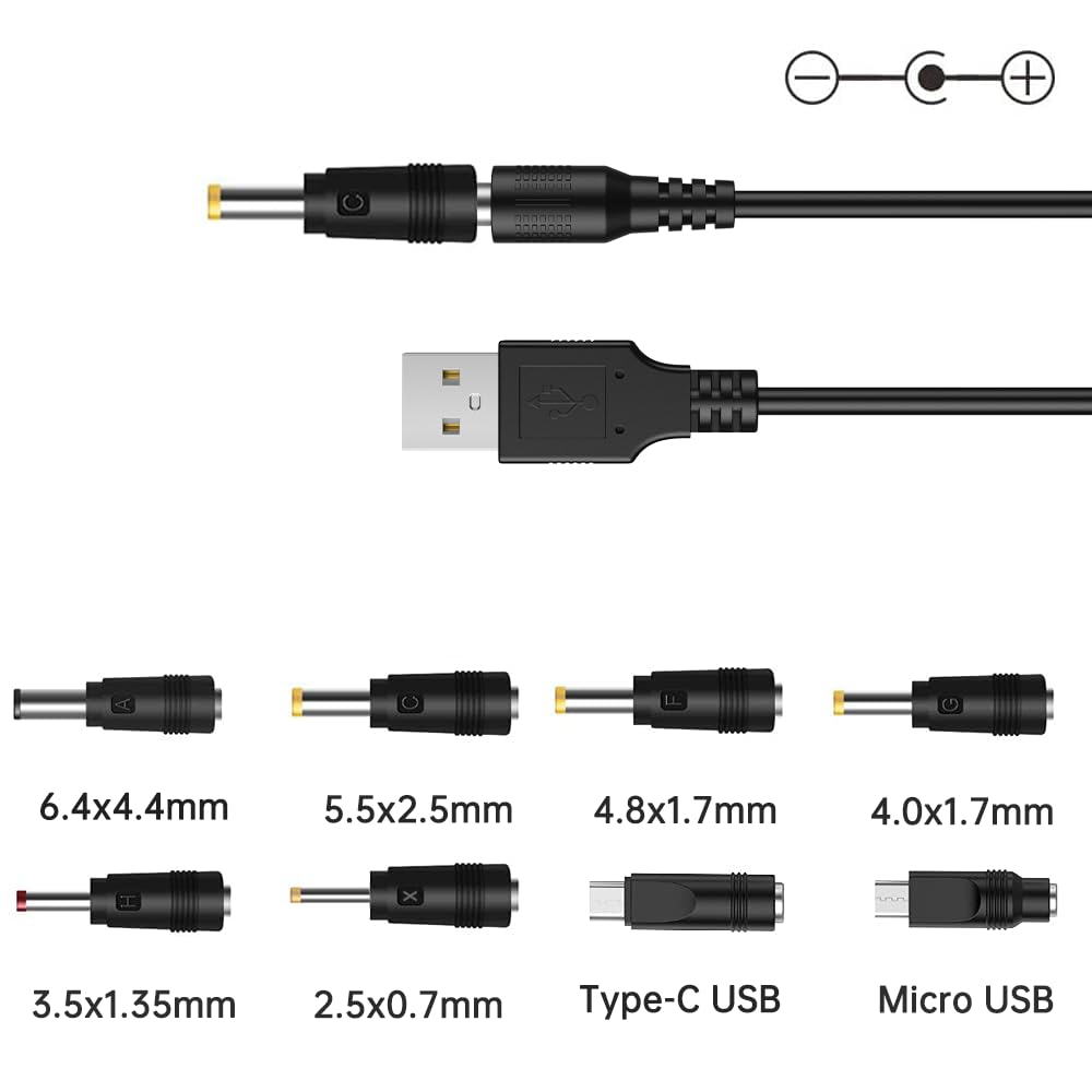LIANSUM USB to DC 5V Power Cord, Universal DC 5.5x2.1mm Cable with 8 Connectors (6.4x4.4, 5.5x2.5, 4.8x1.7, 4.0x1.7, 3.5x1.35, 2.5x0.7, Micro USB