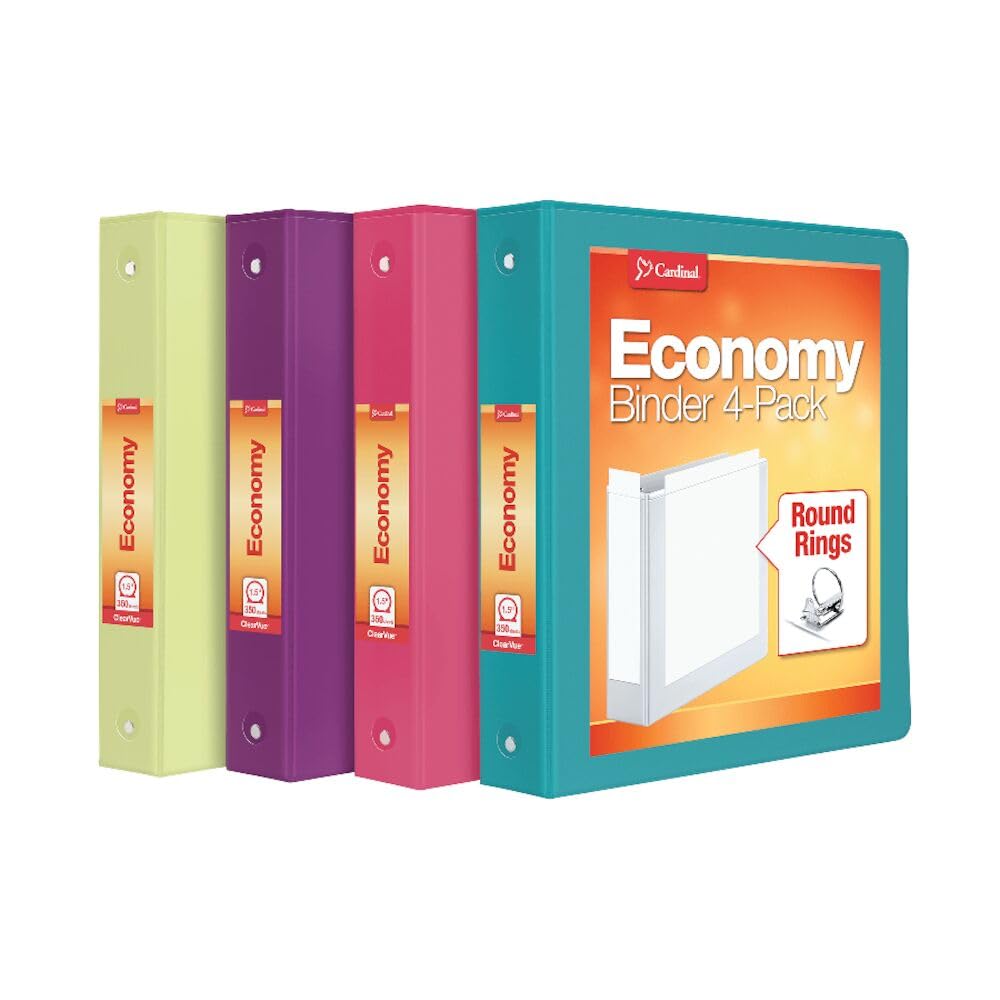 Cardinal 3 Ring Binders, Binders for School and Office, Durable 1.5 Inch, Round Rings, Holds 350 Sheets, ClearVue Presentation View, Non-Stick