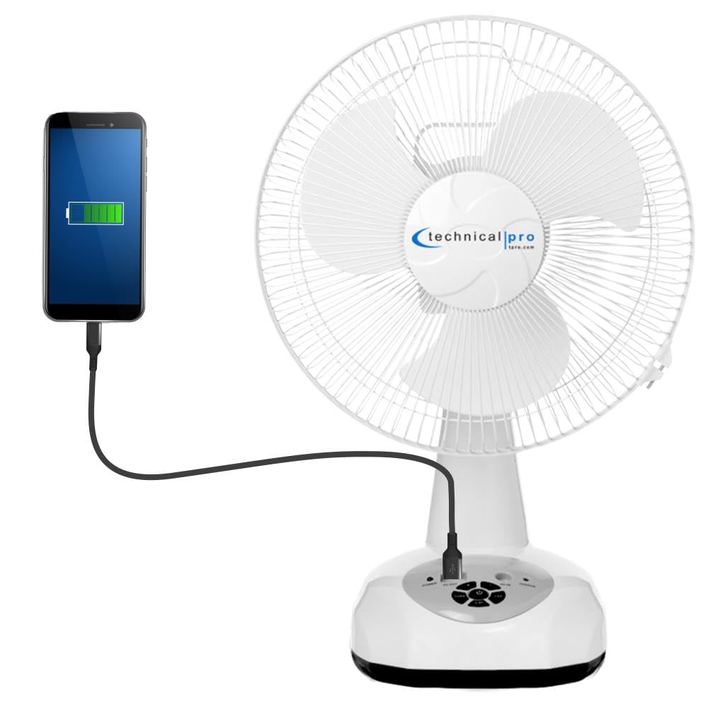 Technical Pro 12″ Rechargeable Oscillating Tabletop Fan w/LED Night Light