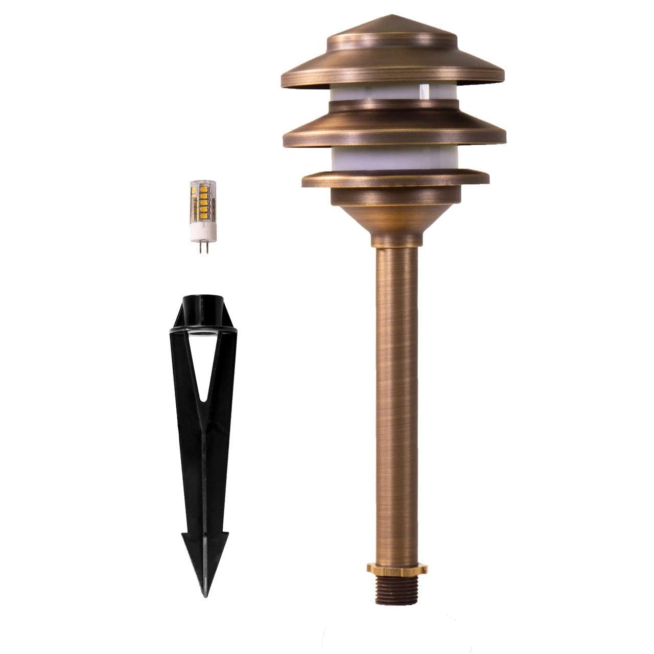 Lumen Logic 12V Cast Brass Pagoda Path Light (Bronze) with 3W 2700K Warm White G4 LED Bulb for Low Voltage Landscape Lighting on Outdoor Pathway