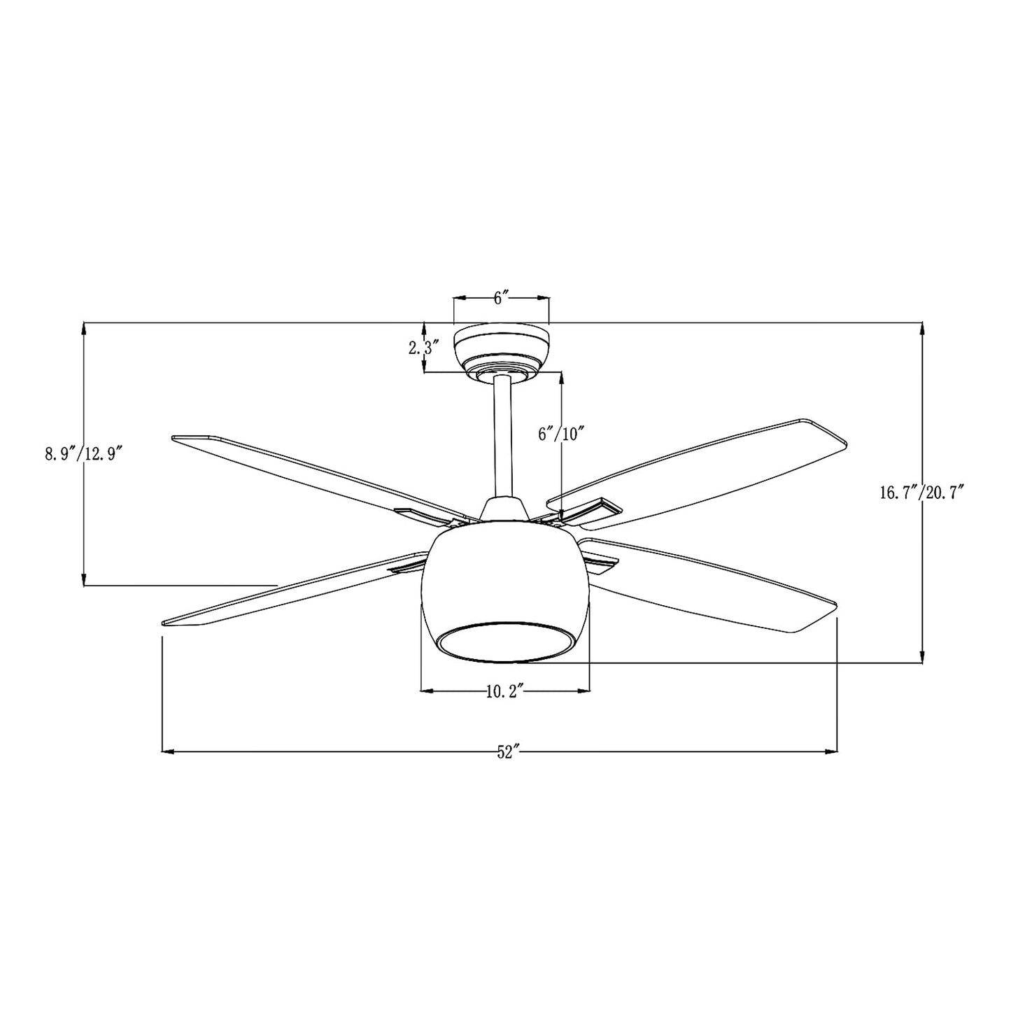 Edvivi Ceiling Fans with Lights, 52 inch Ceiling Fan with Lights and Remote Control, 6-Speed Noiseless Reversible Motor, Low Profile Ceiling Fan