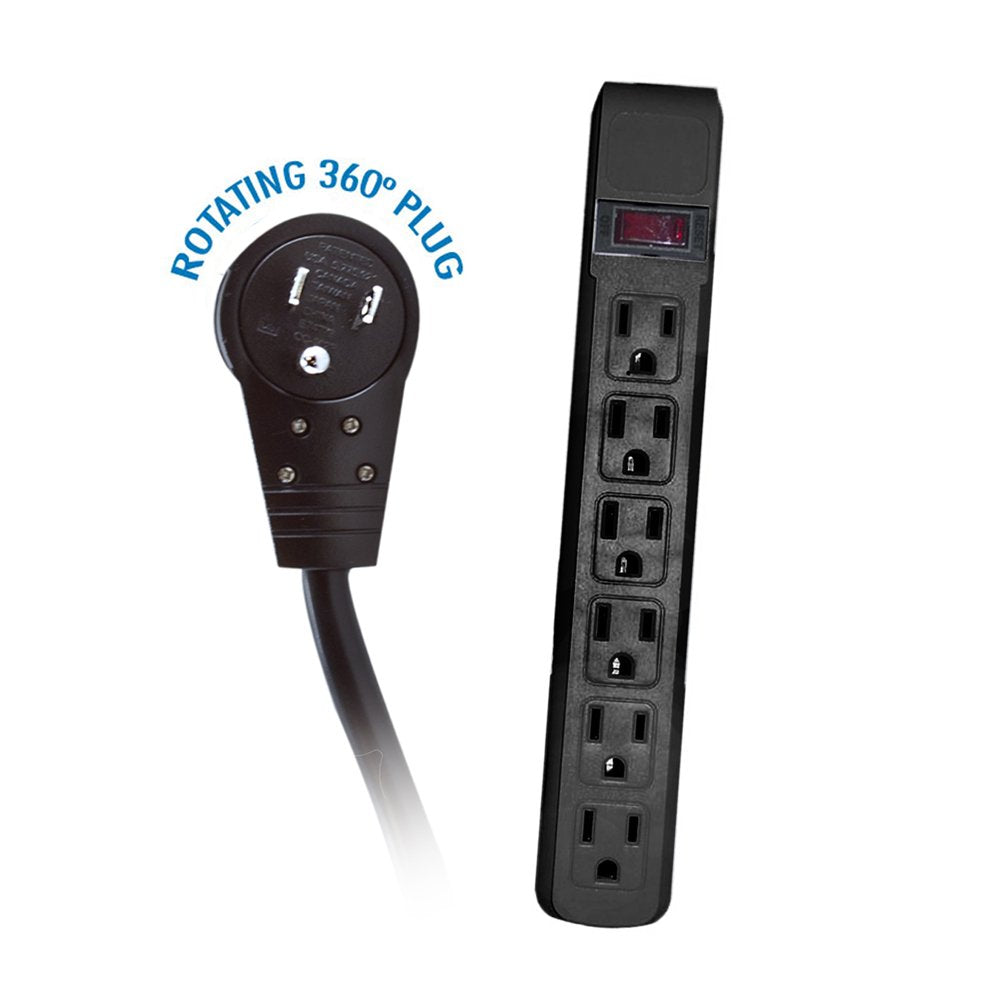 ACL 15 Feet Power Cable with 6 Outlets Surge Protector, Flat Rotating Plug, Horizontal Outlets, Black