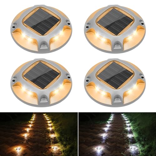 VOLISUN Solar Driveway Lights Dock Marine Lights 4 Pack,2 Colors in 1,Outdoor IP67 LED Deck Light,Solar Powered Waterproof Warning Step Light