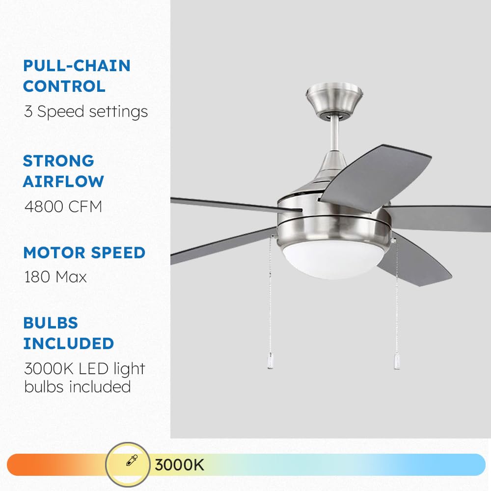 LED Ceiling Fan with Lights, Modern Farmhouse Ceiling Fan with Remote, 3-Speed Quiet Motor, Bright LED Light, Dual Finish Blades, Downrod Included