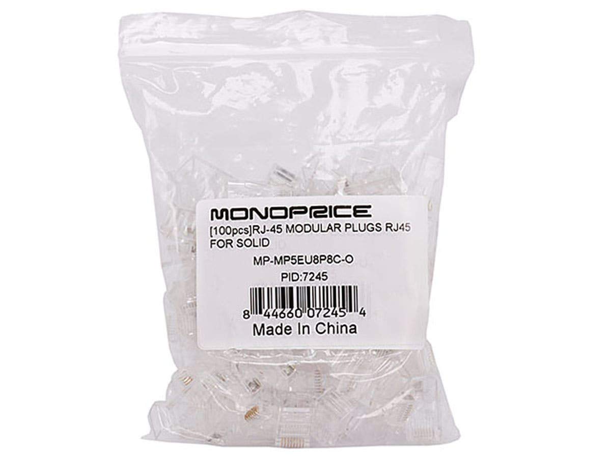 Monoprice Cat5e RJ45 Modular Plugs - Crimp Connectors, Gold Plated Contacts, UTP, For Solid Wire, 100-Pack