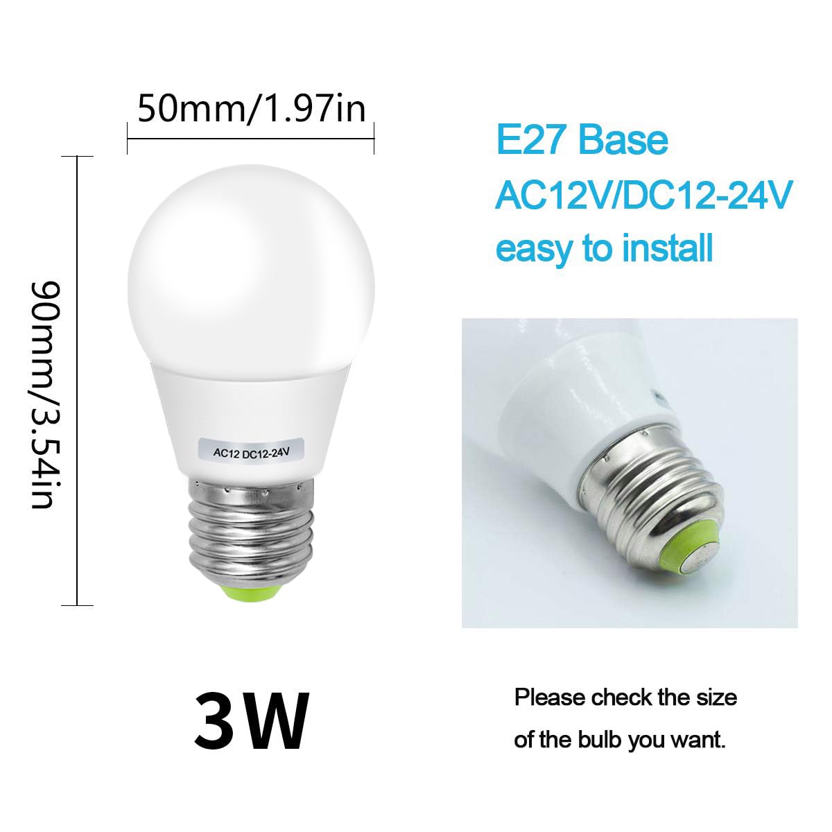 3W A15 Edison LED Light Bulbs E26 Medium Screw Base 40 Watt Equivalent 12V