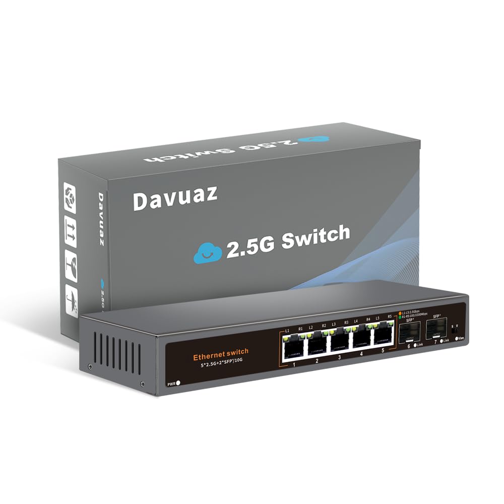 Davuaz 2.5G Unmanaged Ethernet Switch, 5 x 2.5G Base-T Ports, 2 x 10G SFP+ Uplink Ports, 100/1000/2500Mbps Compatible, Fanless Plug & Play, Metal